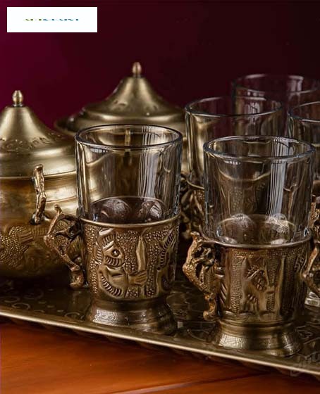 سرویس کتری زغالی برنجی با چایخوری، دستساز با روکش نانو