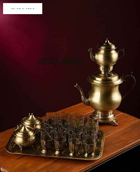 سرویس کتری زغالی برنجی با چایخوری، دستساز با روکش نانو