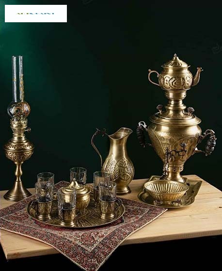 سرویس کامل سماور زغالی برنجی با چایخوری - هنرظریف