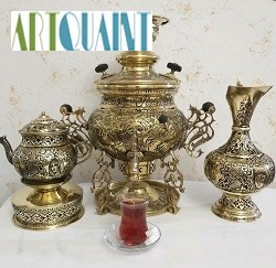 سرویس سماور زغالی برنجی قلم دست اعلاء مدل خرچنگی - هنرظریف