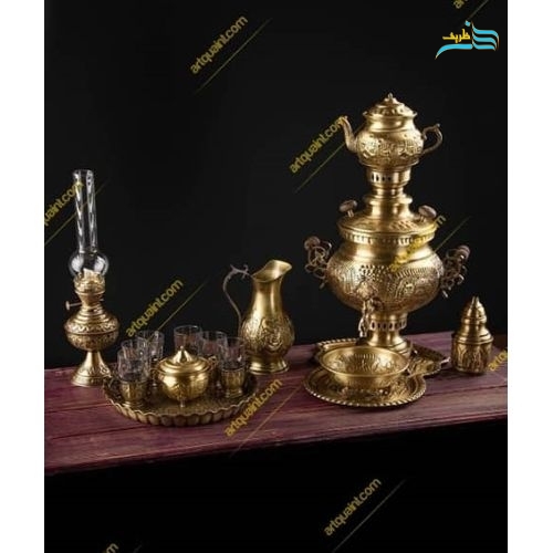 تصویر سرویس سماور ۶ لیتری برنجی زغالی با روکش نانو و ارتفاع ۵۷ سانتی با قوری