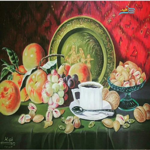 تصویر نقاشی میوه با تکنیک رنگ روغن حرفه‌ای با طراحی کلاسیک و زیبا - نمای کامل تابلو.