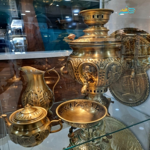 سماور برنجی آبکاری شده آنتیک همراه دسته بخواب و سرویس با کیفیت بالا درجه 1 - هنرظریف