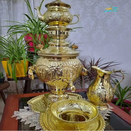 سماور زغالی همراه سرویس و دسته بخواب، 5 تکه با کیفیت بالا و درجه 1 با ضمانت کالا - هنرظریف