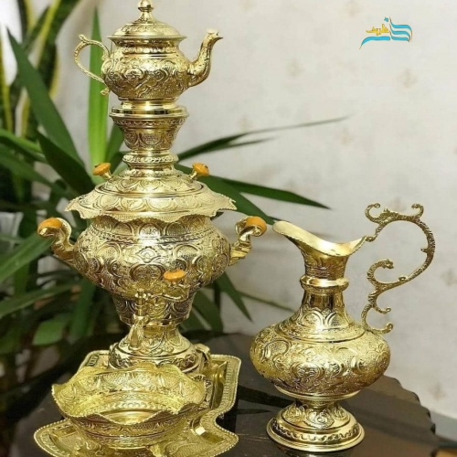 سرویس سماور زغالی برنجی ۳.۵ لیتری دست ساز شبه طلا با گارانتی