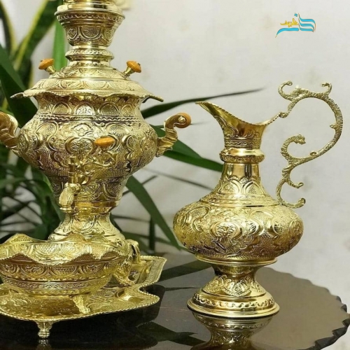 سرویس سماور زغالی برنجی ۳.۵ لیتری دست ساز شبه طلا با گارانتی