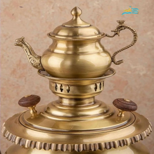 سرویس سماور زغالی ۶ لیتری شش ضلعی دسته ماهی با چایخوری و چراغ