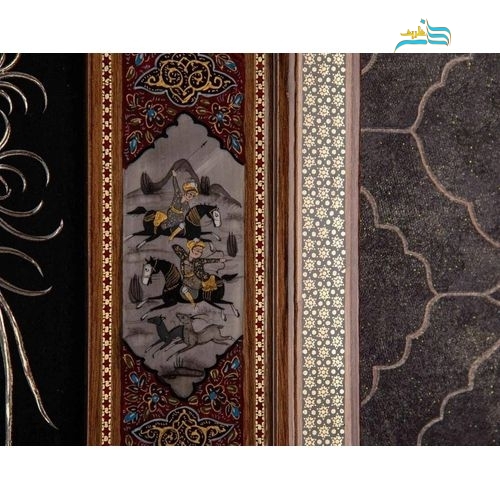 تابلو قلمزنی مسی ۵۳×۸۳ با قاب خاتم اعلاء، تذهیب و نقاشی