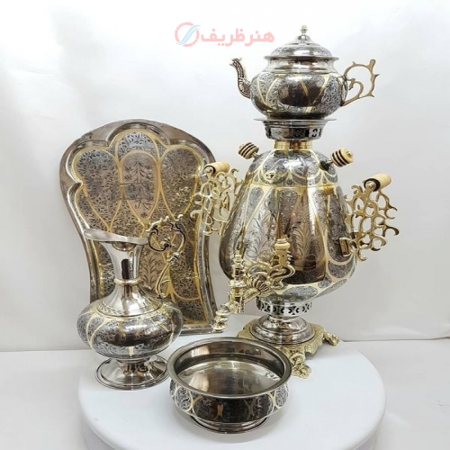 سماور برنجی زغالی 6 لیتری مدل جام دسته خوشه ای، کله شیر خروسی مینیاتوری