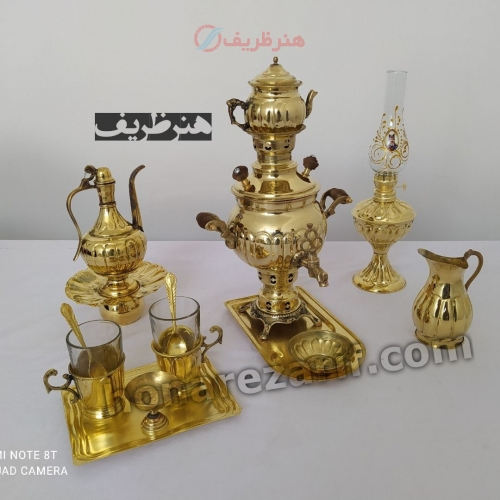 سماور 1 لیتری طلایی برنجی با سرویس کامل - هنرظریف