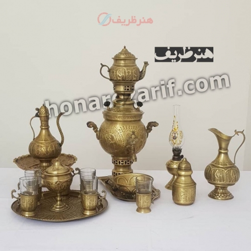 سرویس کامل سماورزغالی برنجی 3 لیتری توپی قلم دست - هنرظریف