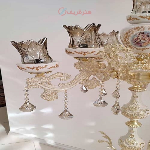 آباژور شاخه بزرگ بازنبق سرامیکی 4 شاخه، ارتفاع 170، جنس آلیاژ آلومینیوم، آبکاری برنز