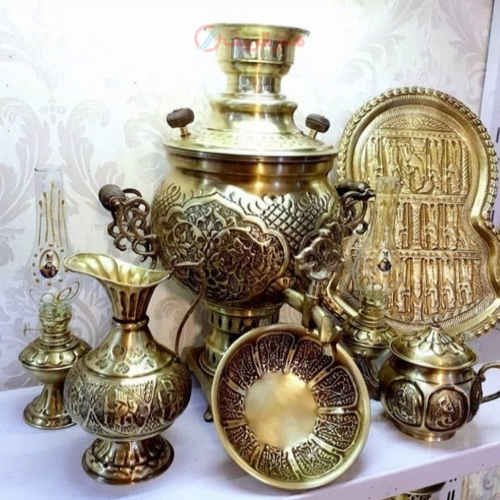 سرویس 7 پارچه سماور زغالی برنجی طرح فرش، سنگین وزن و زیبا