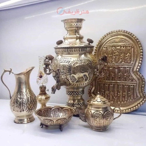سماور ذغالی برنجی 6 لیتری شیر و خورشید، سیاه قلم، سنگین وزن