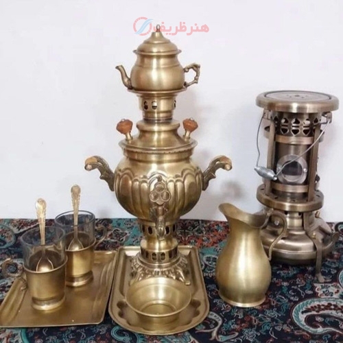 سماور ذغالی 1 لیتری همراه با سرویس با کیفیت برنجی - هنرظریف