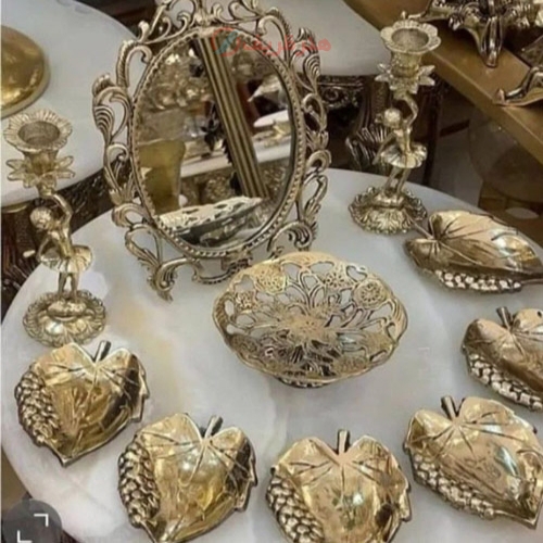 هفت سین برنجی طرح برگ به همراه آینه و شمعدان - هنرظریف