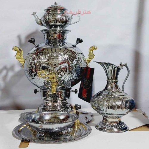 سرویس سماور گازی برنجی 6 لیتری توپی، روکش کروم، ورق ضخیم - هنرظریف