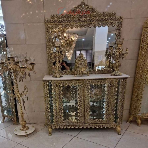 آینه کنسول ویترین دار روکش برنز، مدل نیلوفر، آلومینیوم درجه 1، ورق ضخیم، با ضمانت کیفیت کالا