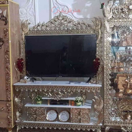 میز تلویزیون تاجدار طاووسی چهار کشو و قاب دار با چهار طاووس