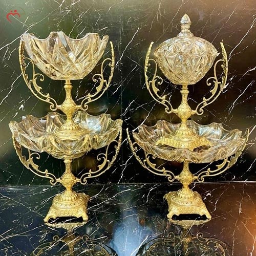 ست پذیرایی برنزی میوه خوری آجیل و شکلات خوری به رنگ طلایی با بدنه کریستال طرح امگا قالب دایکاست