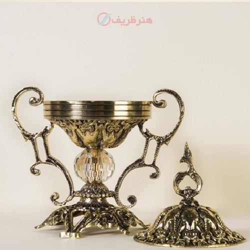 قندان دسته دار وسط کریستال کوچک جنس برنزی - هنرظریف