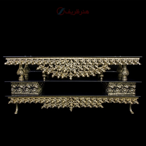 میز تلویزیون منحنی طرح یاس تاجدار، بدنه آلومینیوم و رنگ طلایی - هنرظریف