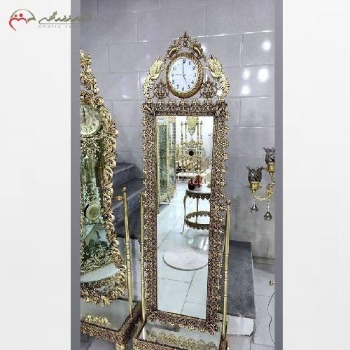 آینه قدی ساعت دار برنزی، کار شده و طراحی بی نظیر و زیبا با ضمانت رنگ و دوام بدنه - هنرظریف