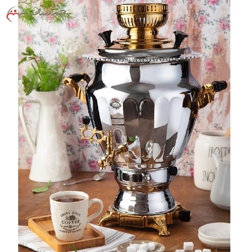 سماور 6 لیتری گازی استیل  کد 115 با طراحی سنتی و آنتیک پیلوت دار  در طرح نگین با رنگ طلایی و سیلور، ضمانت رنگ بدنه