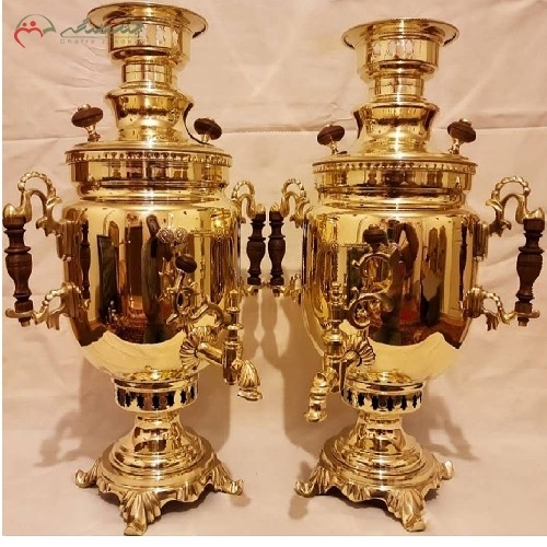 سماور ذغالی مسی ریخته گری شده کد 114، مدل نظر و دسته های طرح دلبر با رنگ طلایی و ضمانت، شیک و درخشان - هنرظریف