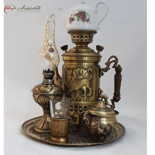 سرویس کتری شکاری برنجی 2 لیتری کد 116 با رنگ آنتیک، بدنه ی کار شده بی نظیر، دارای گارانتی