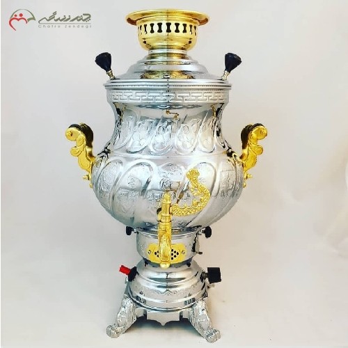سماور گازی استیل 4.5 لیتری با بدنه ی طلایی و نقره ای، کد 116 کیفیت بی نظیر