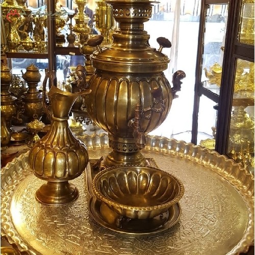 پسرویس کامل سماور برنجی 4 لیتری مدل ترکدار با رنگ آنتیک و متریال ساخت درجه یک، بسیار زیبا و کارامد - هنرظریف