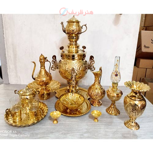 سرویس 14 پارچه سماور زغالی برنجی شش لیتری، کیفیت عالی