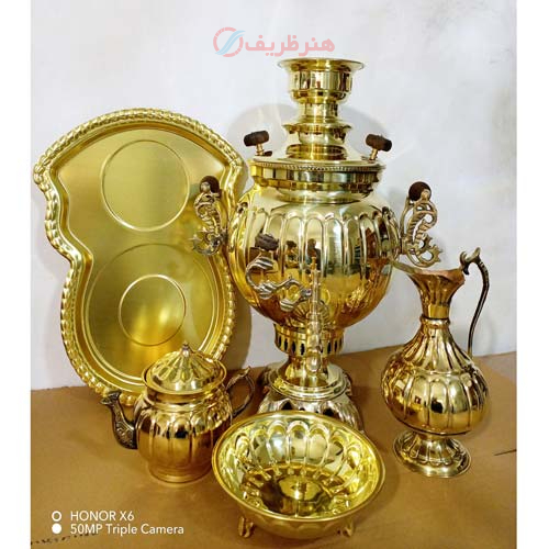 سرویس سماور ذغالی برنجی 6 لیتری توپی، سنگین وزن، طرح آینه