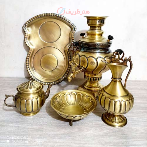 سرویس سماور ذغالی برنجی 3 لیتری عدسی آینه پیچ، سنگین وزن