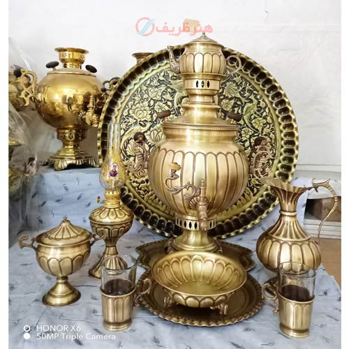 سرویس 9 پارچه سماور ذغالی برنجی 6 لیتری توپی، سنگین وزن طرح آینه