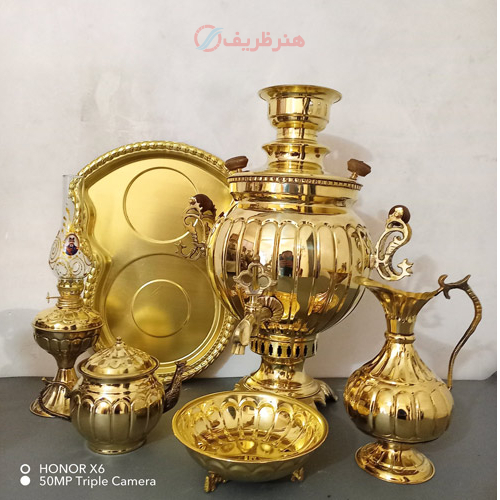 خرید ست 6 پارچه سماور ذغالی، 6 لیتری، توپی آینه دسته ماری، قالب بزرگ و بسیار زیبا با پایه خرچنگی | هنرظریف