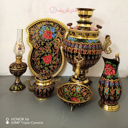 سرویس 6 پارچه سماور ذغالی برنجی 6 لیتری توپی آینه، میناکاری