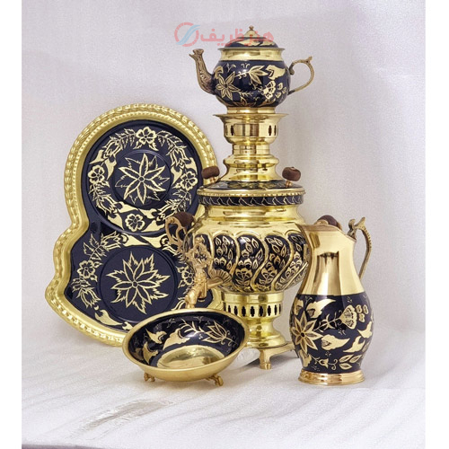 سرویس سماور 3 لیتری زغالی برنجی عدسی آینه پیچ