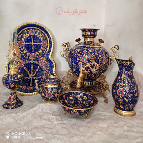 سرویس 6 پارچه سماور ذغالی برنجی کلکسیونی 6 لیتری، طرح جهان نما