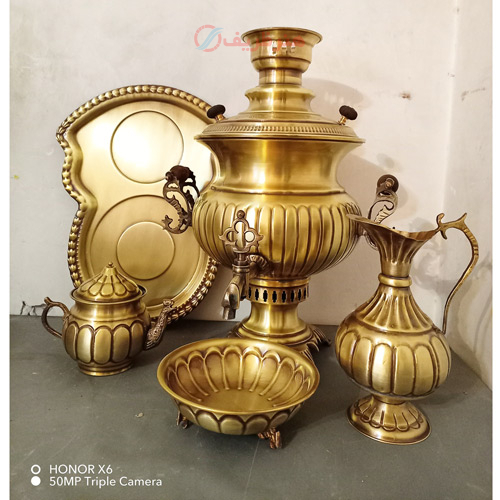 سرویس 5 پارچه سماور ذغالی برنجی 7 لیتری استکانی، آینه دسته ماری