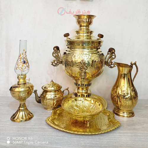 سرویس 6 پارچه سماور ذغالی برنجی 6 لیتری، قلم شیر و خورشید، دارای مهر روسی
