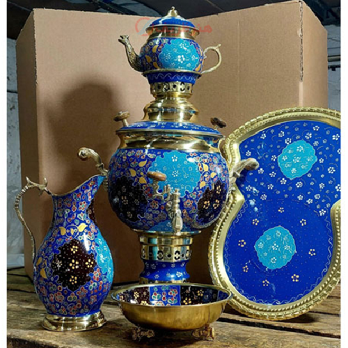 سرویس سماور زغالی برنجی چهار لیتری الماس تراش برنج فیروزه _ هنرظریف