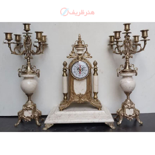 ست ساعت و شمعدان پنج شاخه سنگ مرمر سفید_ هنرظریف