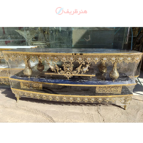 میز تلویزیون برنزی نیم گرد مشکی مدل دو کشو_ هنرظریف
