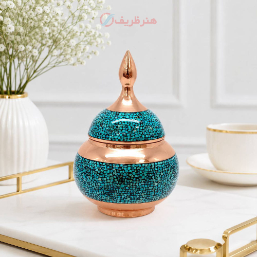 قندان مسی با فیروزه کوبی اصل نیشابور _هنرظریف