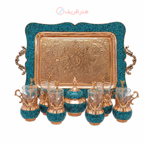 سرویس چای خوری فیروزه کوبی و قلم زنی شش نفره