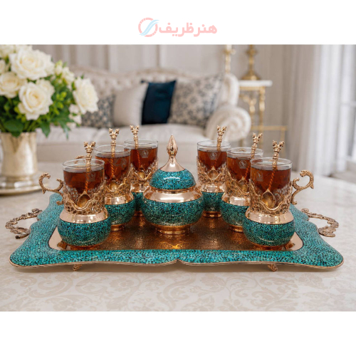 سرویس چای خوری فیروزه کوبی و قلم زنی شش نفره