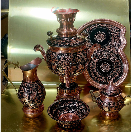 نمای کامل سرویس سماور الماس تراش مسی ۴ لیتری با رنگ مشکی نانو شده