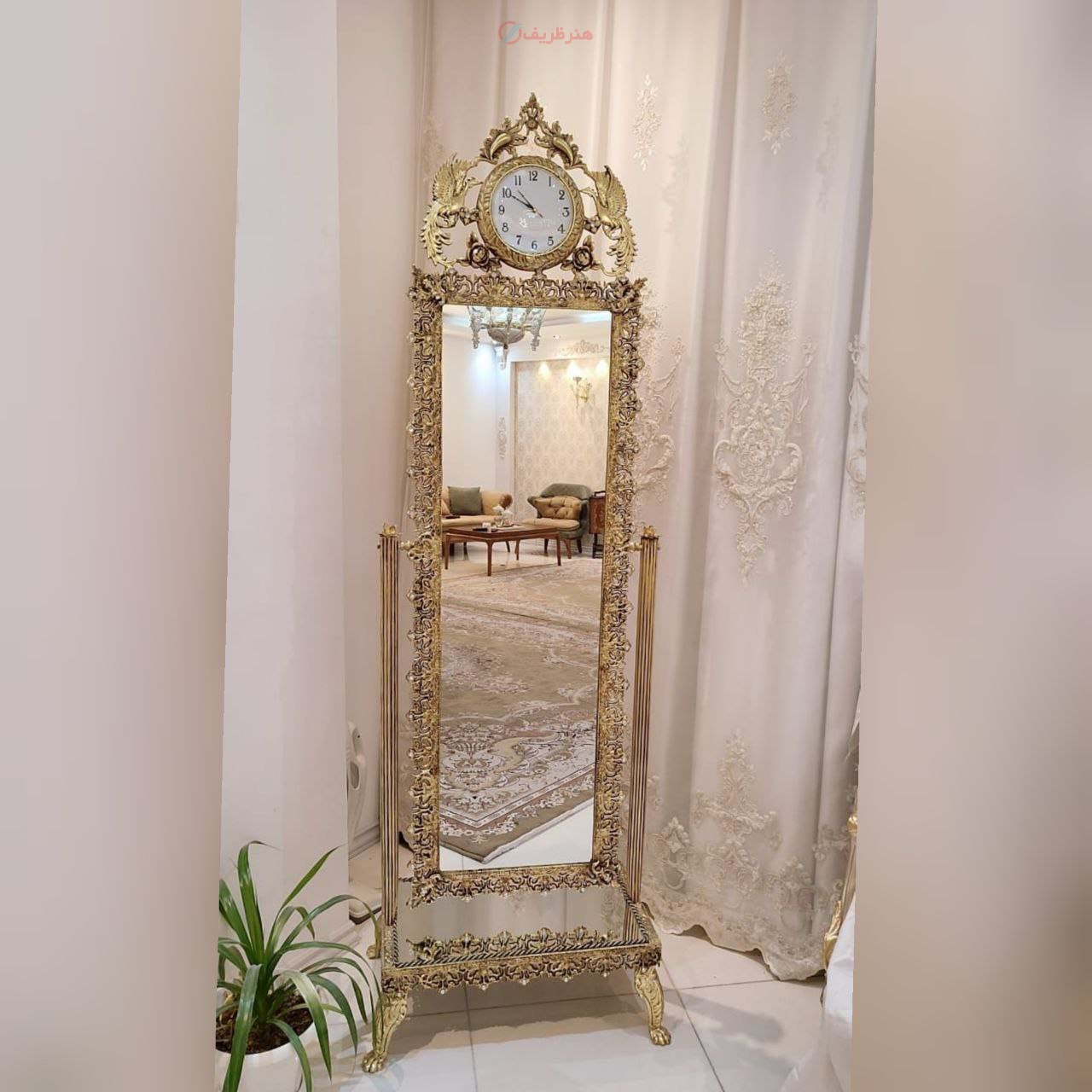 آینه قدی متحرک ساعت دار، جنس آلیاژ آلومینیوم با آبکاری برنز